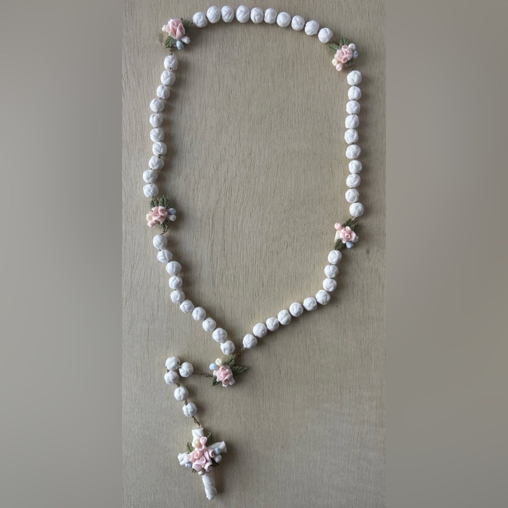 Vtg Hand Painted Rosebud Rosary Pastel Floral Cross Catholic Prayer Beads‎ 15"